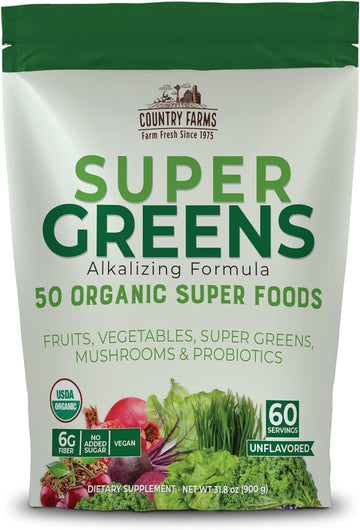 Country Farms Super Greens Natural Flavor, 50 Organic Super Foods, Usda Organic Drink Mix, Fruits, Vegetables, Super Greens, Mushrooms & Probiotics, Supports Energy, 60 Servings, 900G