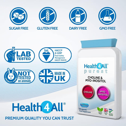 Health4All Choline & Inositol 500Mg 60 Capsules 2 Months Supply, Purest Choline Bitartrate 250Mg & Myo-Inositol 250Mg Vegan Supplement For Metabolism, Mood, Memory & Brain Health Support | Made In Uk