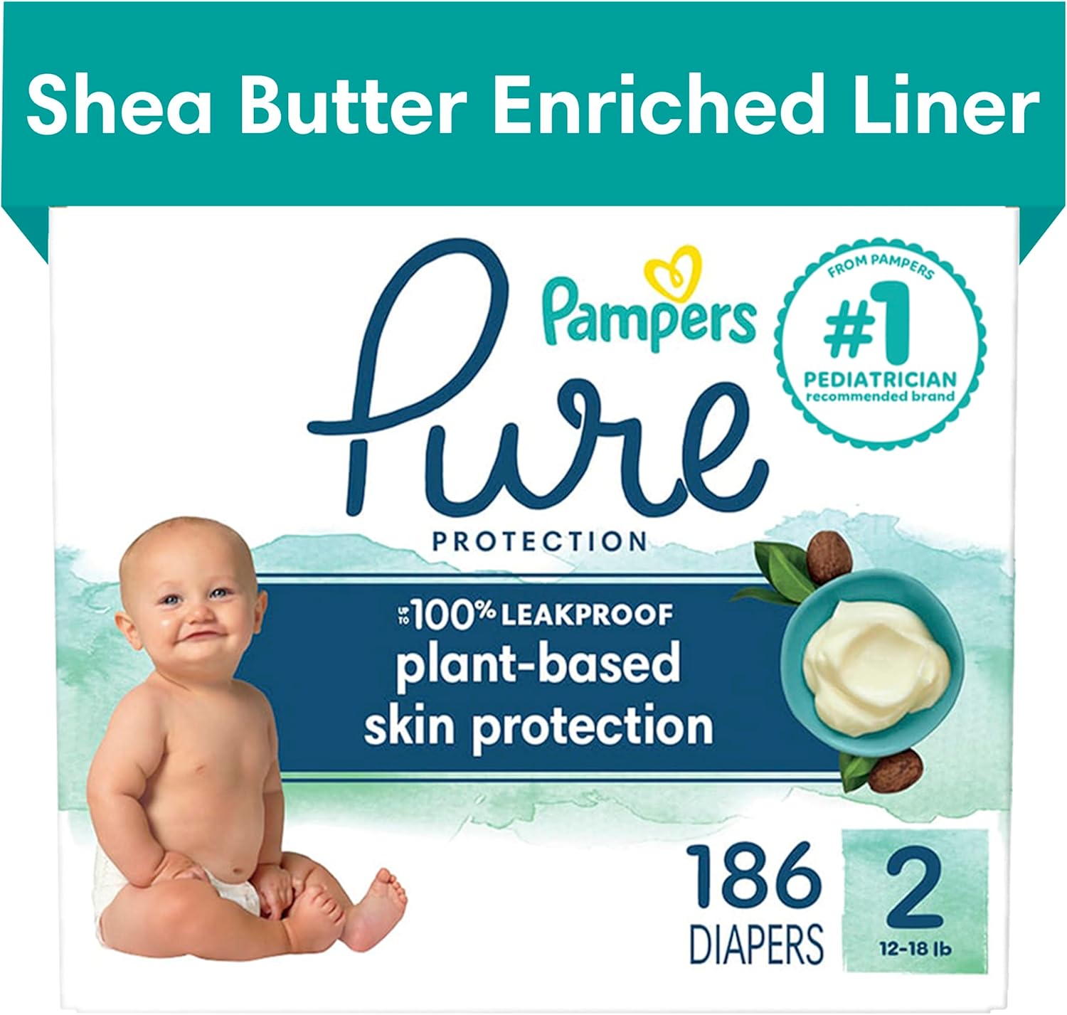 Pampers Pure Protection Diapers - Size 2, One Month Supply (186 Count), Hypoallergenic Premium Disposable Baby Diapers