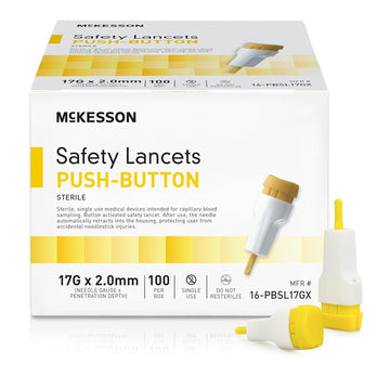McKesson Safety Lancet, Retractable, Push Button Activation - Ideal for Blood Testing - Sterile, Single Use, 17 Gauge, 2.0mm Depth, 100 Count, 1 Pack