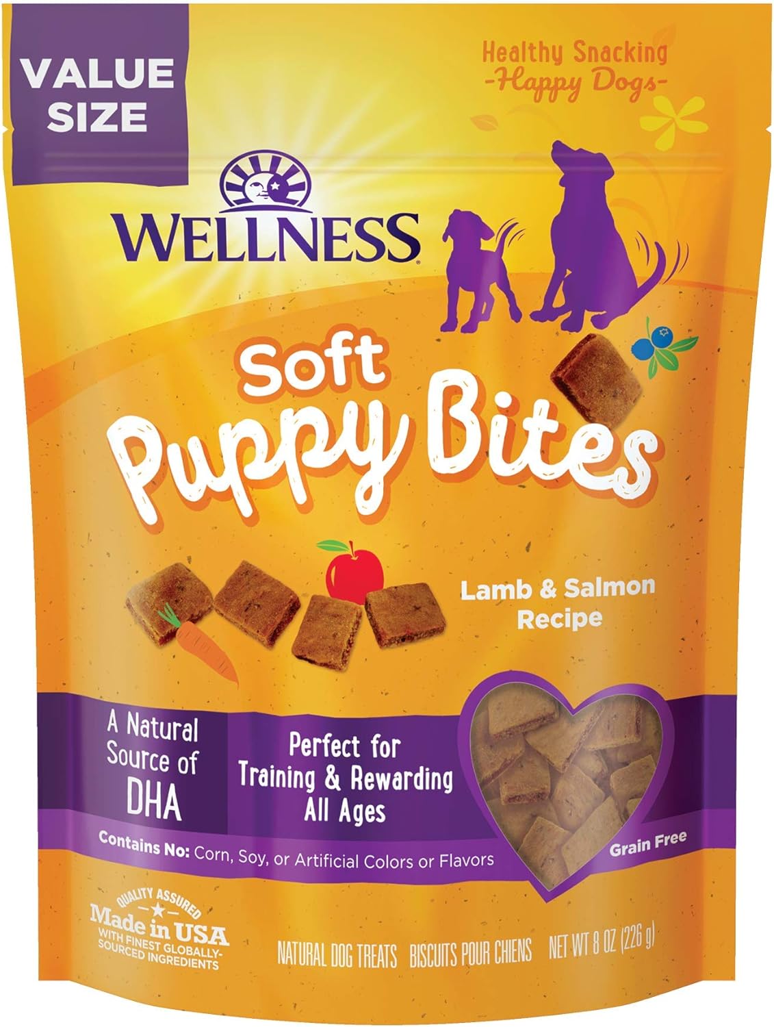 Wellness Soft Puppy Bites Healthy Grain-Free Treats for Training, Dog Treats with Real Meat and DHA, No Artificial Flavors (Lamb & Salmon, 8-Ounce Bag)