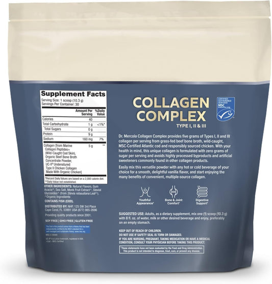 Dr. Mercola Collagen Complex Powder, Vanilla Flavor, 30 Servings, Powdered Dietary Supplement, Supports Youthful-Looking Skin, Non-Gmo, Msc Certified