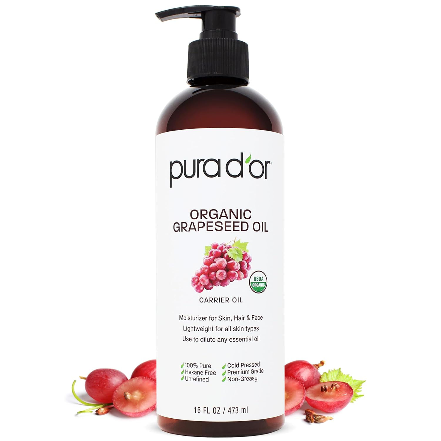 Pura D'Or 16 Oz Organic Grapeseed Oil - 100% Pure & Natural Usda Certified Cold Pressed Carrier Oil - Light & Silky, Unscented, Hexane Free Liquid Moisturizer - Face Skin & Hair - Men & Women