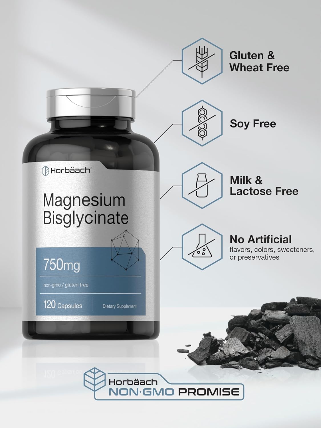 Horbäach Magnesium Bisglycinate | 120 Capsules | 750mg | Non-GMO and Gluten Free Supplement : Health & Household