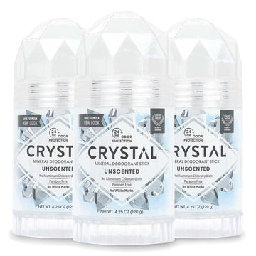 CRYSTAL Unscented Mineral Deodorant Stick (3 Pack) - 24hr Odor Protection, Non-Staining & Non-Sticky, Aluminum & Paraben Free, 4.25 oz