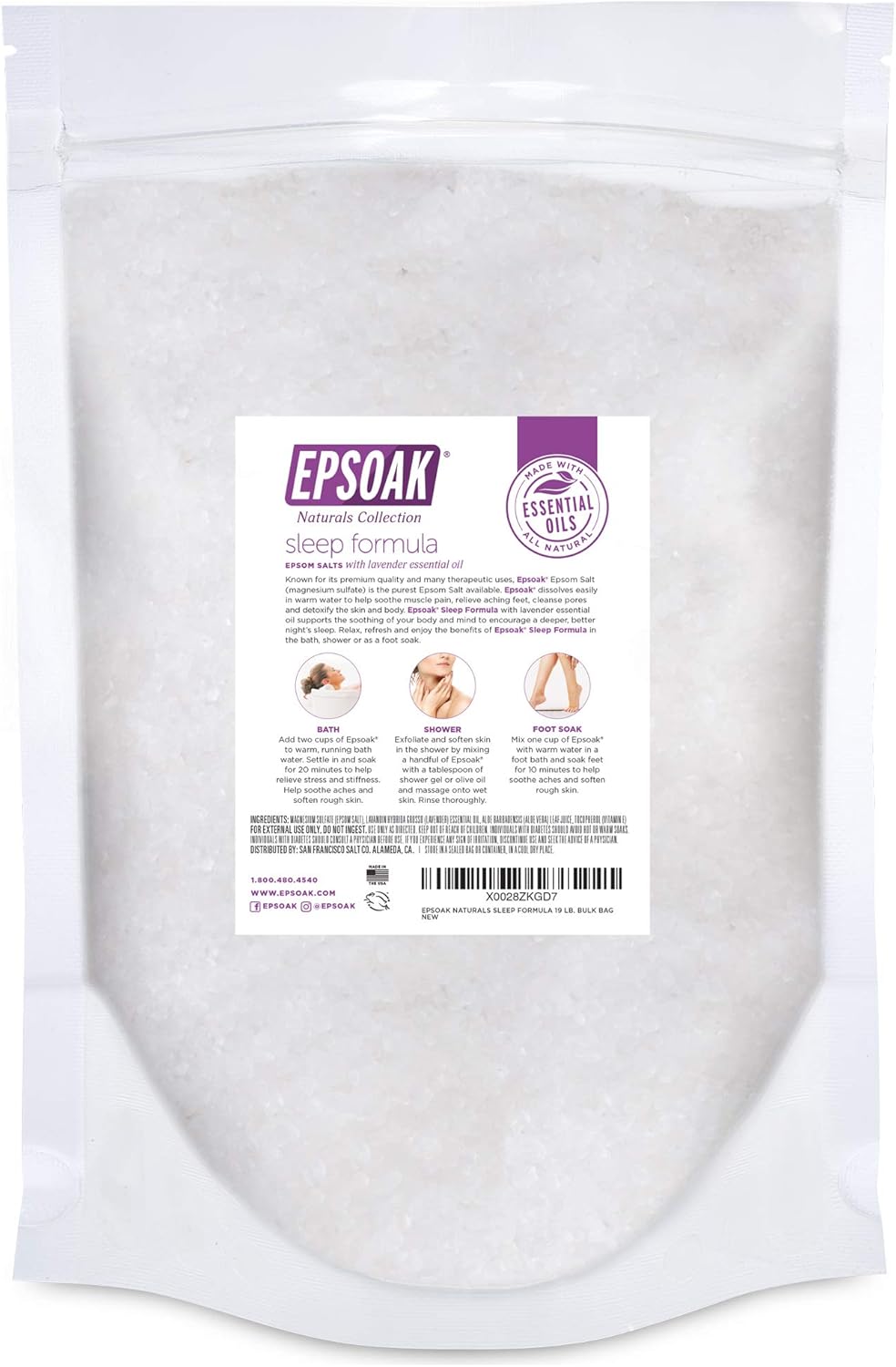 Epsoak Epsom Salt 19 lb. Magnesium Sulfate USP. (Qty. 1 x 19lb. Bag), Lavender Sleep Formula, Resealable Epsom Salt Bag, Made in The USA, Cruelty-Free Certified : Beauty & Personal Care