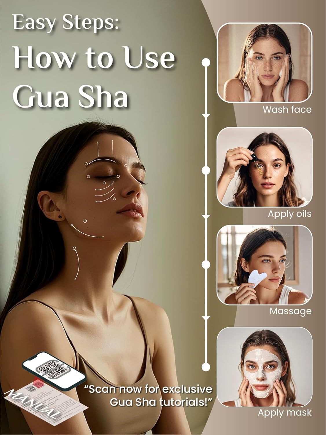 Rena Chris Gua Sha Facial Tools, Natural White Jade Guasha Stone, Face Guasha Tool For Jawline Sculpting And Puffiness Reducing, Gua Sha Massage Tool, Skin Care Gift (White)