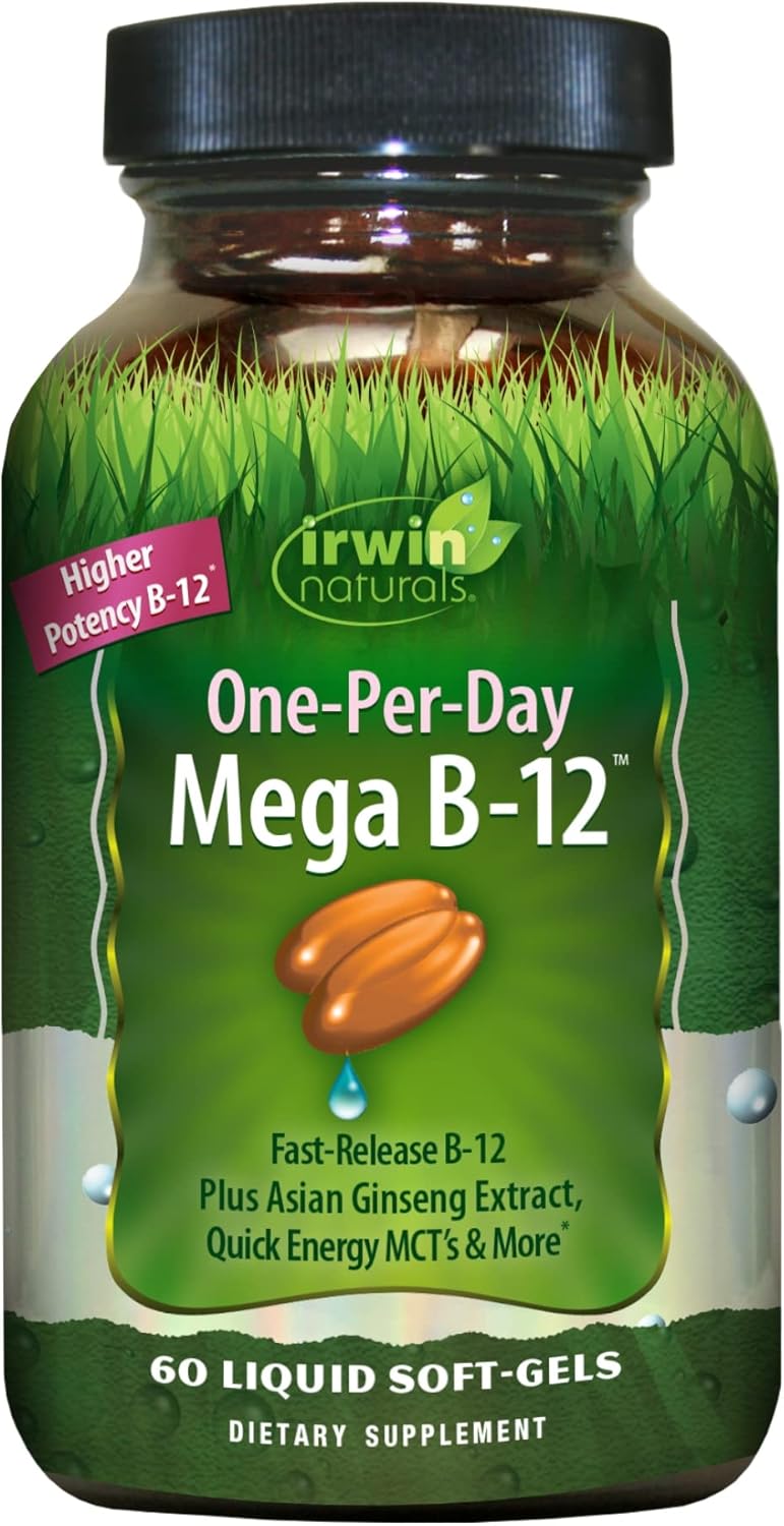 Irwin Naturals One-Per-Day Mega B-12 1,500Mcg High Potency Methylcobalamin Vitamin - Fast Enhanced Absorption With Mct + Asian Ginseng - Natural Energy Boost - 60 Liquid Softgels