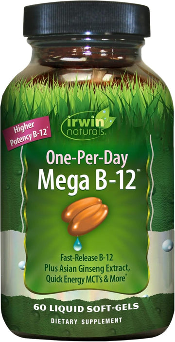 Irwin Naturals One-Per-Day Mega B-12 1,500Mcg High Potency Methylcobalamin Vitamin - Fast Enhanced Absorption With Mct + Asian Ginseng - Natural Energy Boost - 60 Liquid Softgels
