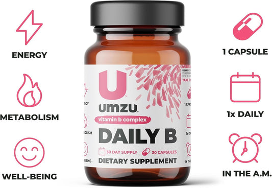 Umzu Daily B | 100% Complete Vitamin B Complex With B1, B2, B3, B5, B6, B7, B9 & B12 With Folic Acid | Supports Natural Energy Production &Cognitive Function Well (30 Day Supply | 30 Capsules)