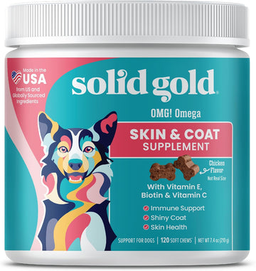 Solid Gold Omg! Omega Chews Skin & Coat Fish Oil Dog Supplement - Chicken Flavored Vitamin C, E, & Biotin Chews For Skin Health, Immune Support & Itch Relief For Dogs - 120 Ct