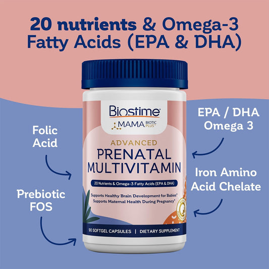 Biostime Advanced Prenatal Vitamins for Women | 20 Nutrients, Multivitamin, Folic Acid, Iron, Prebiotic and Omega 3 EPA & DHA Fatty Acids | Pregnancy Vitamins & Support Supplement | 90 Softgel Pills