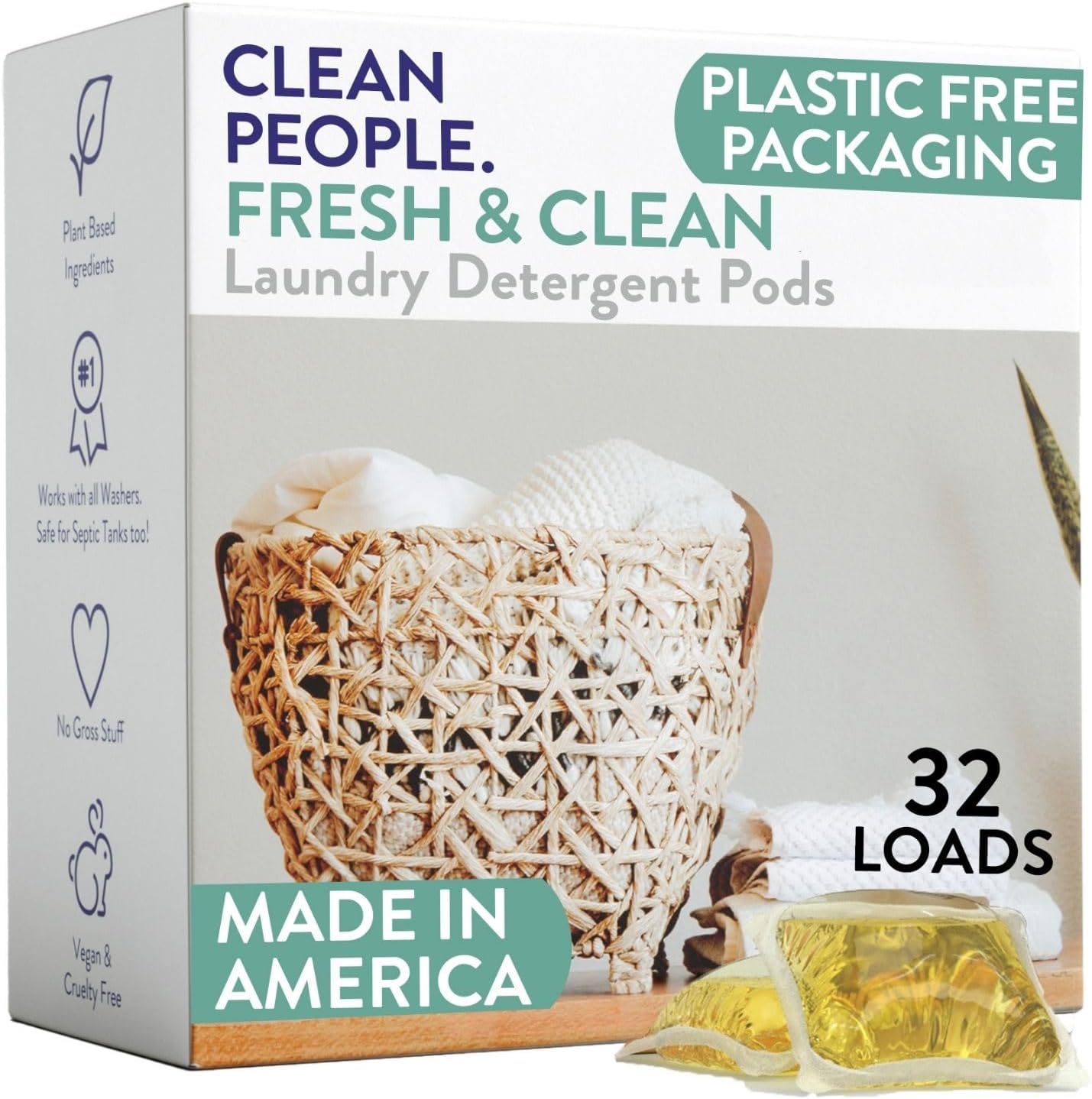 The Clean People Laundry Detergent Pods - Hypoallergenic Laundry Pods - Ultra Concentrated, Recyclable Packaging, Stain Fighting - Fresh Scent, 32 Pack