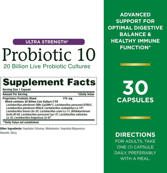 Nature’S Bounty Probiotic 10, Ultra Strength Daily Probiotic Supplement, Support For Digestive, Immune And Upper Respiratory Health, 1 Pack, 30 Capsules