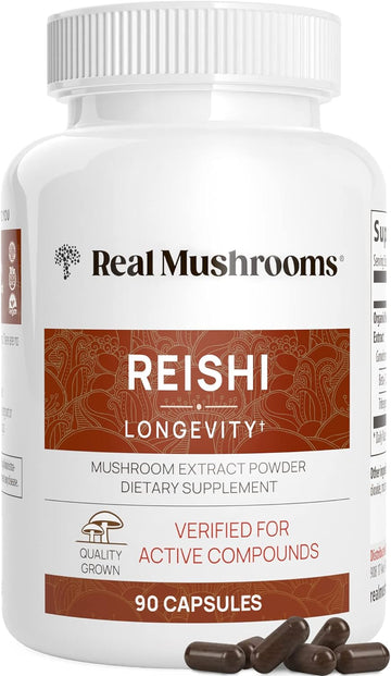 Real Mushrooms Reishi Capsules - Organic Mushroom Extract Supplement With Potent Red Reishi Mushroom - Vegan Mushroom Supplement, Non-Gmo, 90 Caps