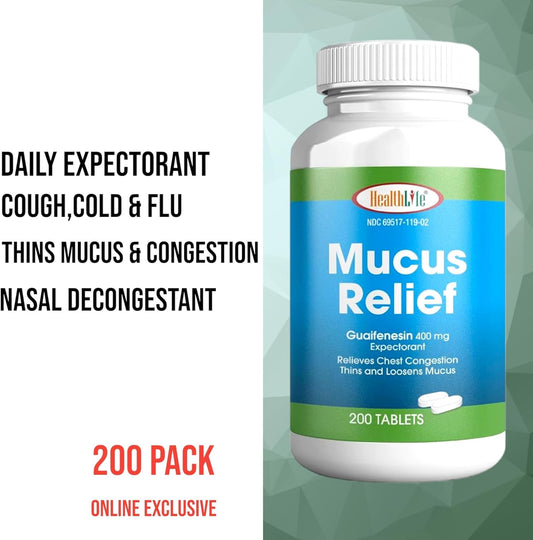 Health Lfe Mucus Relief Guaifenesin Caplets 400 Mg, Immediate Release Fast Acting Expectorant, Thin And Loosens Mucus, Relieves Chest Congestion, Cough, Cold And Flu (Medium, 200 Count)