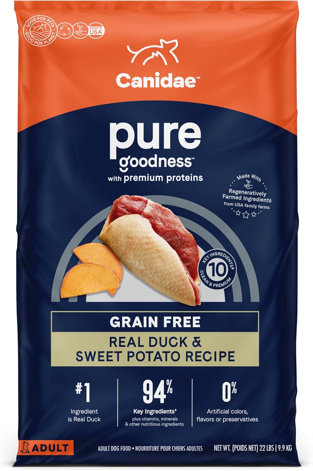 Canidae Pure Real Duck & Sweet Potato Recipe Adult Dry Dog 22 Lb