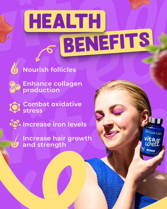 Vitawell Hair Lush Locks Gummies - Hair Growth + Skin + Nails Vitamins Chews | Complex Formula 5000µg Biotin + Zinc + Vitamin A, D3, C, B12 | 60 Berry Burst Flavour | Supplement For Men & Women