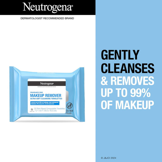 Neutrogena Fragrance-Free Makeup Remover Wipes, Daily Facial Cleanser Towelettes, Gently Removes Oil & Makeup, Alcohol-Free Makeup Wipes, 25 Ct