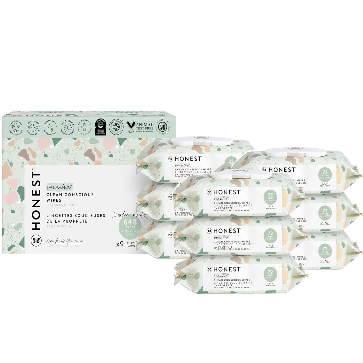 The Honest Company Clean Conscious Multi-Use Wipes | Hypoallergenic + Unscented For Sensitive Skin | Over 99% Water, Compostable, Plant Based, Baby Wipes | Geo Mood, 60 Count