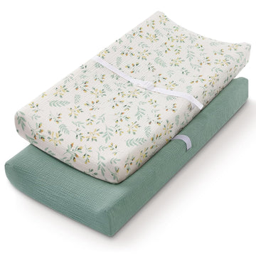 Blissful Diary Muslin Changing Pad Cover For Girls Boys, Ultra Soft Breathable Cotton, Baby Diaper Change Table Pad Covers, 2Pack (Roman Green&Leaf)
