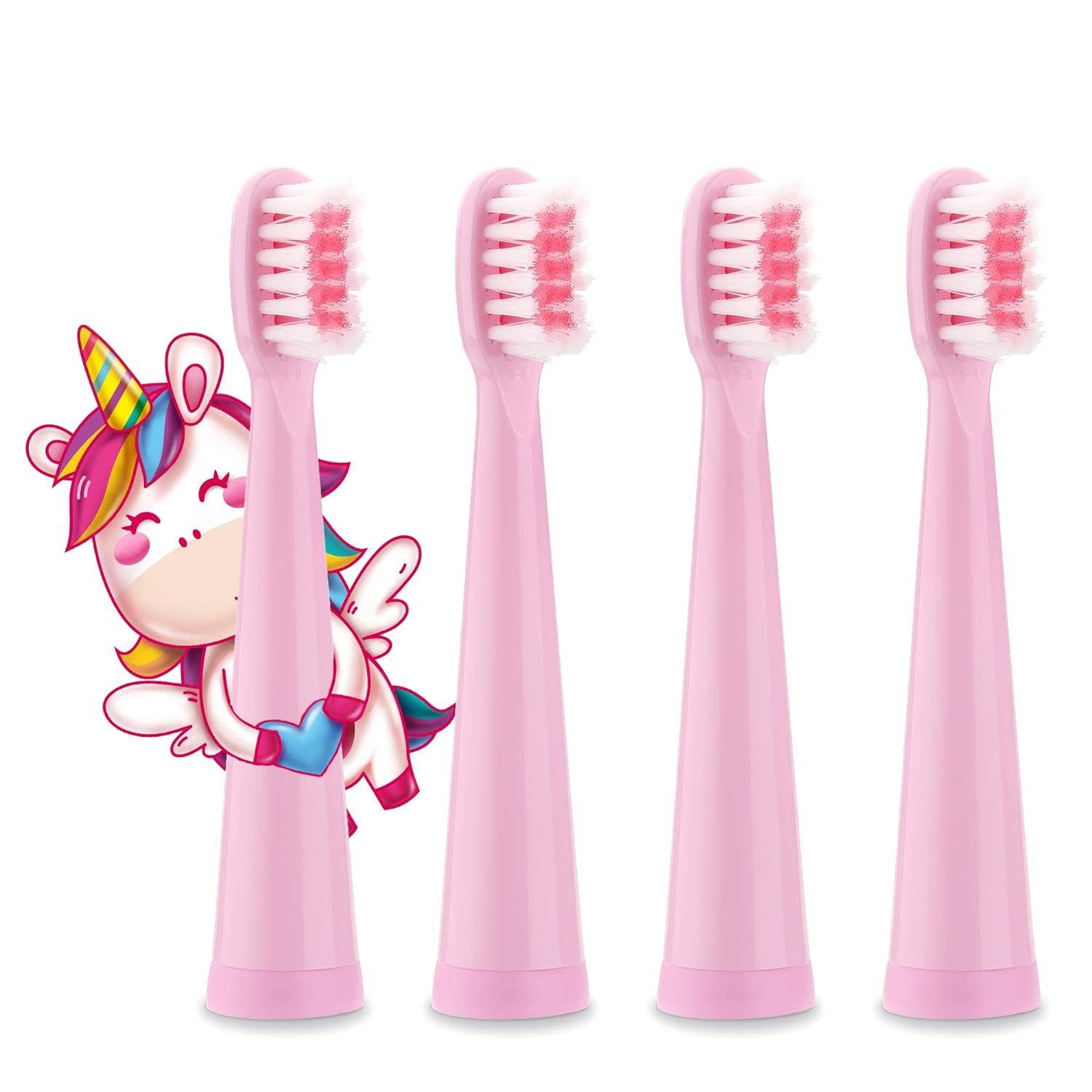 Vekkia Sonic Kids Electric Toothbrush Replacement Heads - 7X More Plaque Removal, End-Rounded 3D Curved Soft Bristles, Comfortable & Efficient Clean Teeth, Perfect for Kid Small Mouth, Pink (4 Pack)