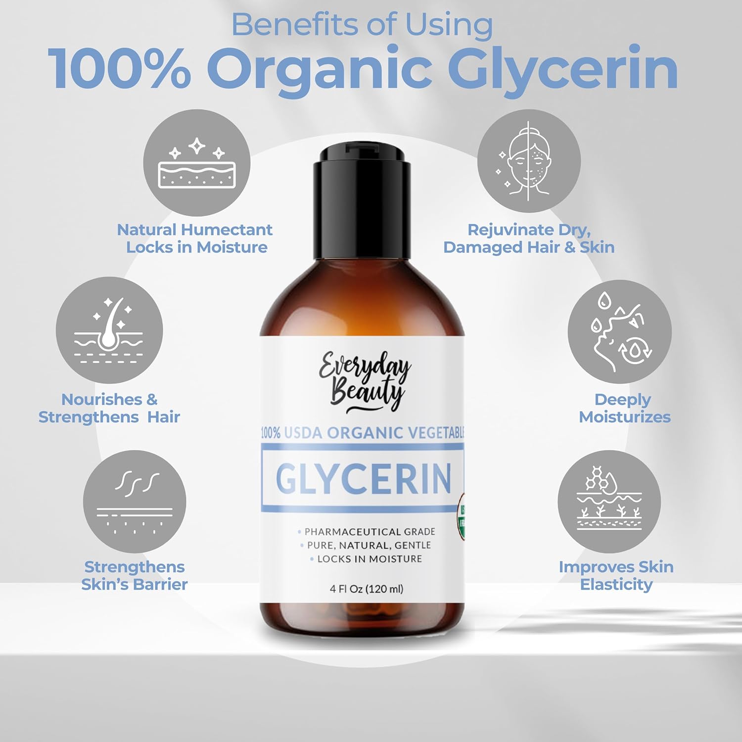 100% Organic Glycerin - For Skin & Hair - Food Grade - Usda Certified - Not From Palm Oil - Perfect Skin And Hair Moisturizer - 2 Fl Oz : Beauty & Personal Care
