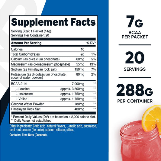 Nutricost BCAA+ Hydration Raspberry Lemonade (20 Stickpacks) - Branched Chain Amino Acids with Hydration Complex - Gluten-Free, Non-GMO