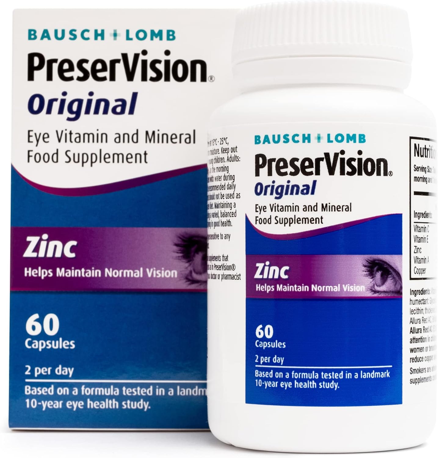 Preservision Original By Bausch + Lomb, Eye Vitamin And Mineral Food Supplement, Zinc, Copper And Vitamin C, E And A, Two Eye Supplement Soft Gel Capsules Per Day