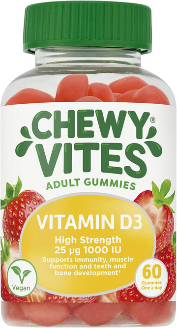 Chewy Vites Adult High Strength Vitamin D3, 60 Vitamin D Gummies, 25 Micrograms 1000 Iu, 2 Months Supply, Vegan, Real Fruit Juice, Strawberry Flavour