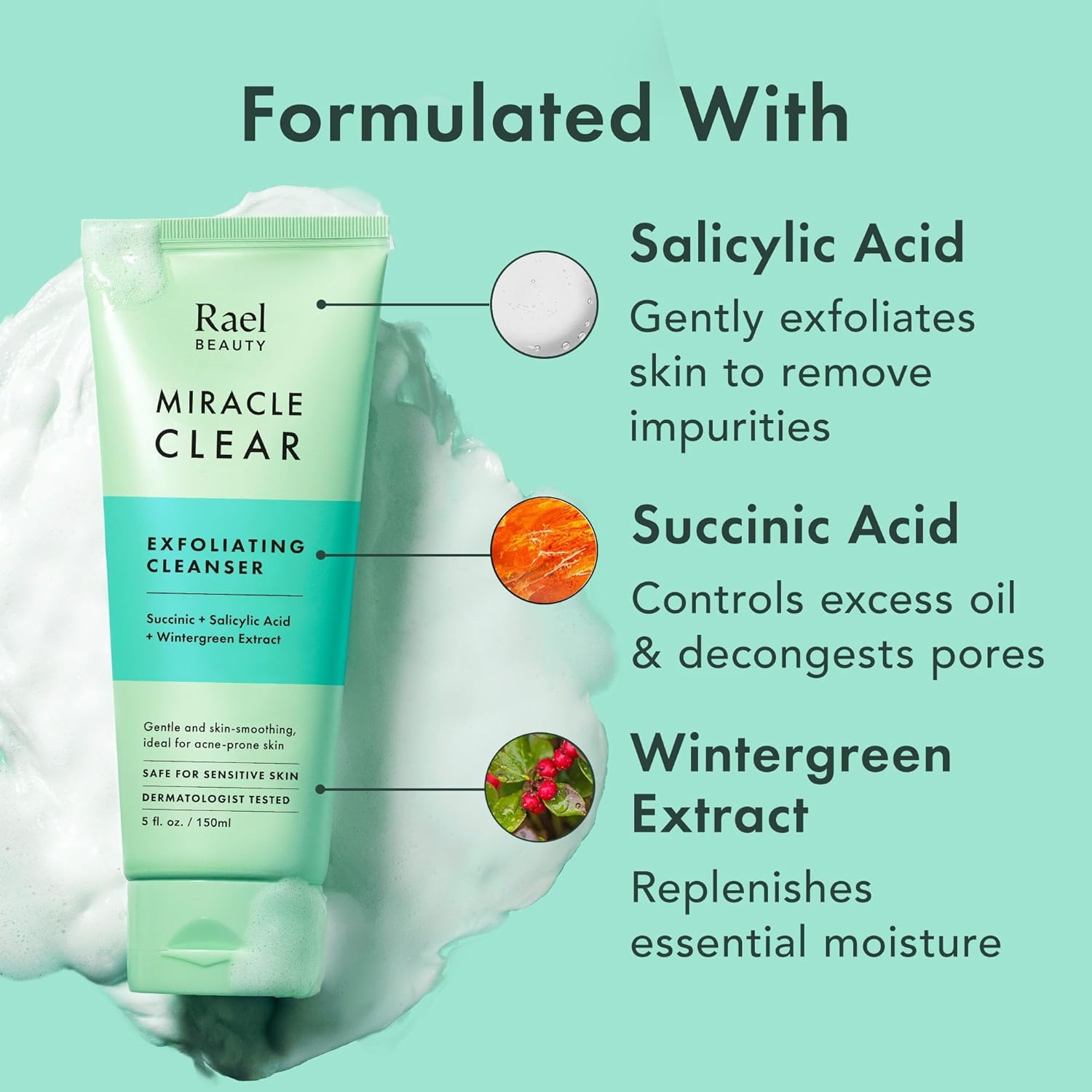 Rael Face Wash, Miracle Clear Exfoliating Cleanser - Face Cleanser for Oily & Acne Prone Skin, Korean Skincare, Gentle Facial Cleanser, Hydrating, w/Succinic Acid, Vegan, Cruelty Free (5.1 fl. oz) : Beauty & Personal Care