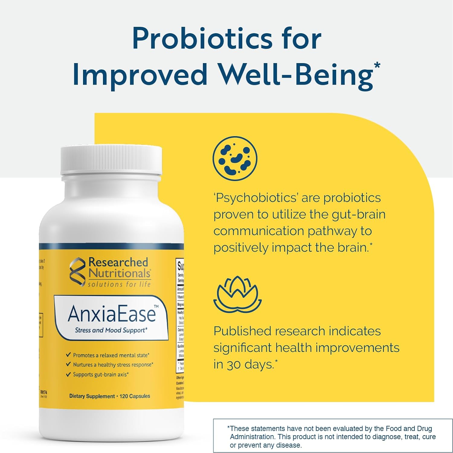 Researched Nutritionals AnxiaEase - Stress, Cortisol Management & Mood Support Supplement - Botanicals, Vitamin B6, Magnesium & 'Psychobiotic' Probiotic Strains (120 Capsules) : Health & Household