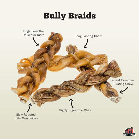 Redbarn All Natural 8-12” Braided Bully Sticks For Medium & Large Dogs - Healthy Long Lasting Beef Chews Variety Party Pack - Single Ingredient Low Odor Rawhide Free - 1 Lb Bag - Packaging May Vary