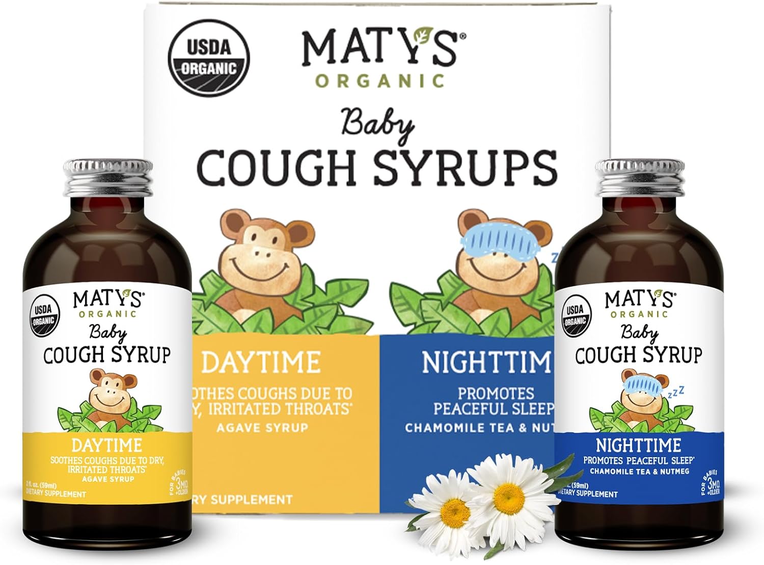 Matys Organic Baby Cough Syrup Day & Night Value Pack For Babies & Infants 3 Months + Up, Soothing Daytime & Nighttime Cough Relief, Made with Agave Syrup, Melatonin & Dye Free, 2 Pack, 2 Fl Oz Each