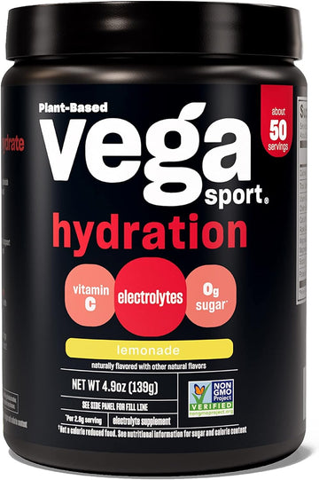 Vega Sport Hydration Electrolyte Powder, Lemonade - Post Workout Recovery Drink for Women and Men, Vitamin C, Vegan, Keto, Sugar Free, Dairy Free, Gluten Free, Non GMO, 4.9 oz