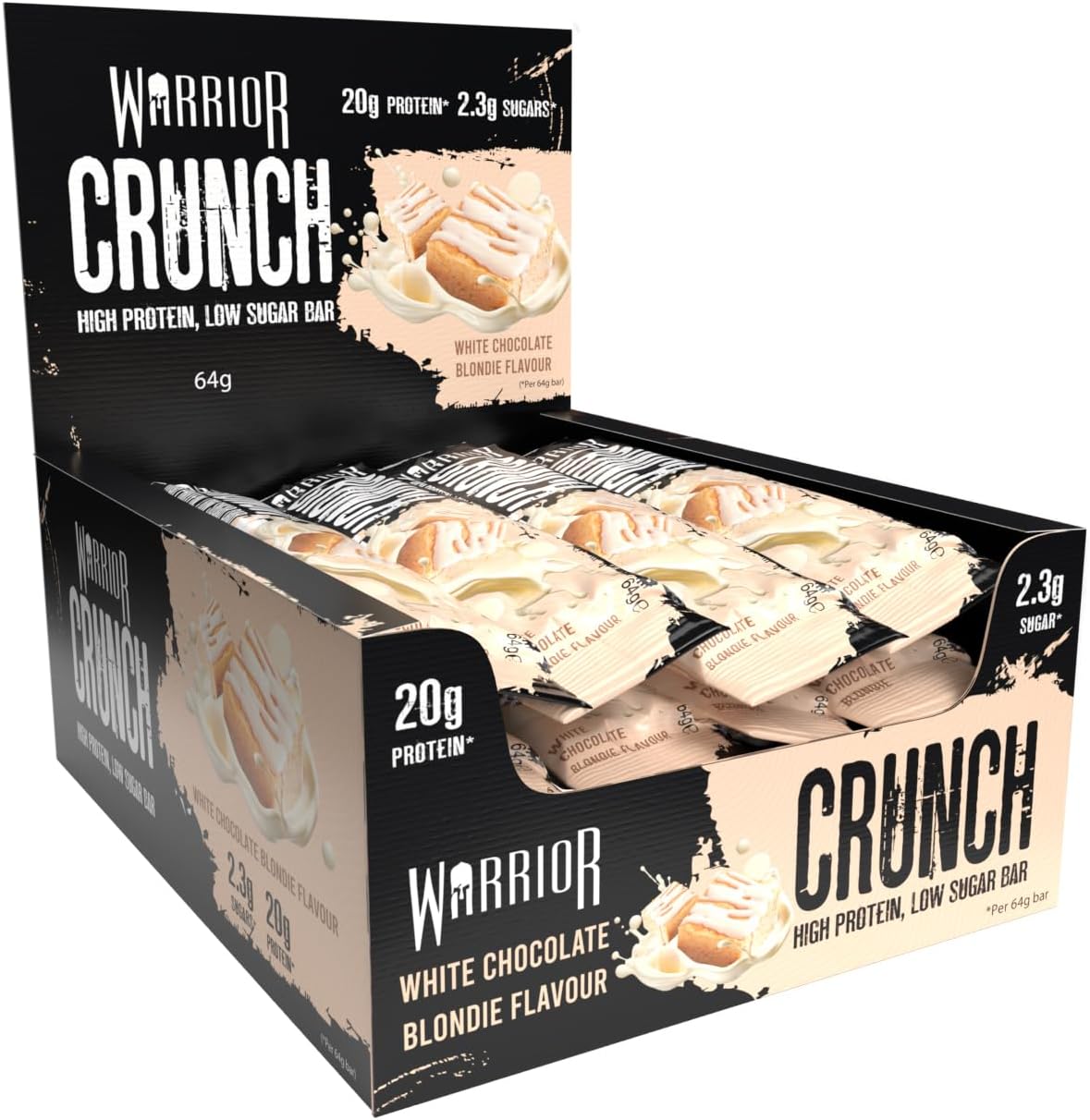 Warrior Crunch - High Protein Bars - 20G Protein Each Bar - Low Carb, Low Sugar Snack - 12 Pack X 64G (White Chocolate Blondie)