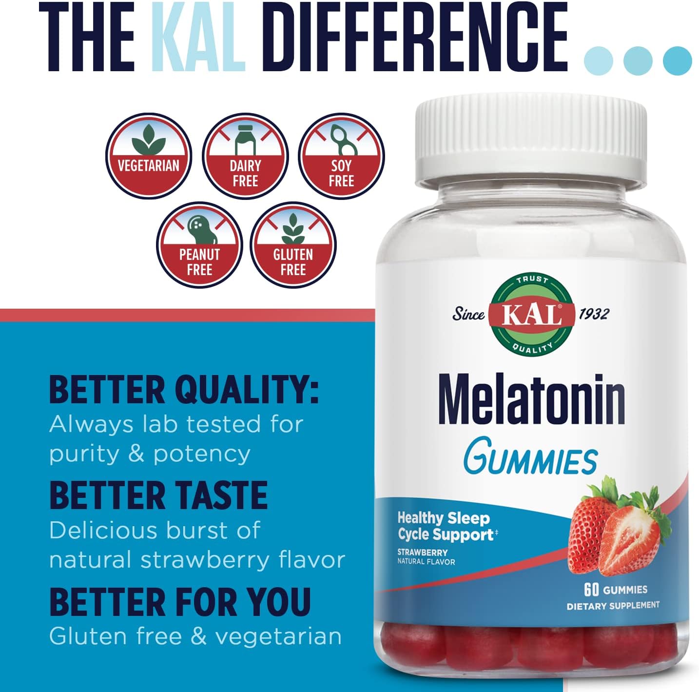 KAL Melatonin Gummies, Melatonin 5mg Sleep Aid, Healthy Relaxation, Sleep Duration, Quality, and Calmness Support Formula, Vegetarian, Gluten Free, Natural Strawberry Flavor, 30 Servings, 60 Gummies : Health & Household