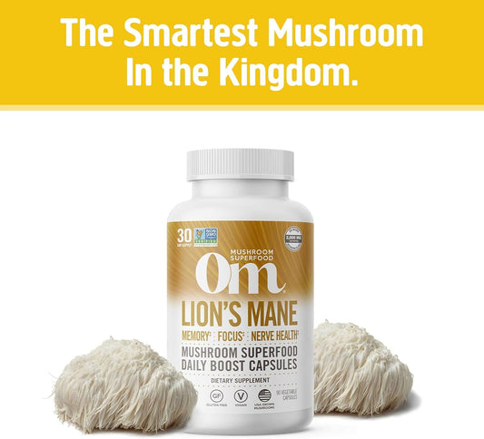 Om Mushroom Superfood Lion's Mane Mushroom Capsules Superfood Supplement, 90 Count, 30 Day Supply, Fruit Body and Mycelium Nootropic for Memory, Focus, Nerve Health and Immune Support