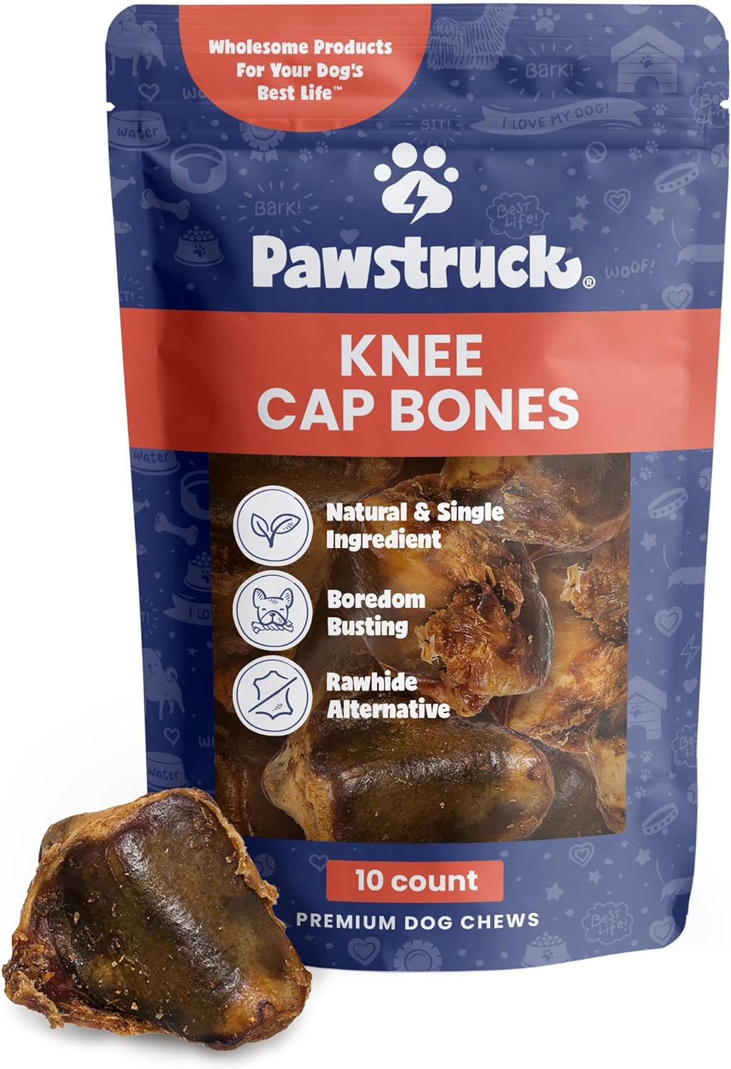 Pawstruck Natural Knee Cap Dog Bones - Treats for Aggressive Chewers, Low Fat and High Protein Chews, Beef Flavor, Long Lasting and Calming Rawhide Alternatives - 10 Pack - Packaging May Vary
