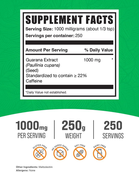 BULKSUPPLEMENTS.COM Guarana Extract Powder - Natural Caffeine Supplements for Energy Support - Gluten Free - 1000mg per Serving, 250 Servings (250 Grams - 8.8 oz)