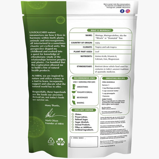 Mrm Nutrition Moringa Powder| Superfoods | Digestive Health | High Fiber | Antioxidant | 60 Servings