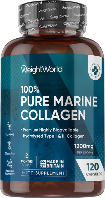 Pure Marine Collagen Supplements For Women & Men - 1200Mg Per Serving - 120 Capsules (Not Powder) - 2 Months Supply - Highly Bioavailable Type 1 & 3 Hydrolysed Collagen Capsules