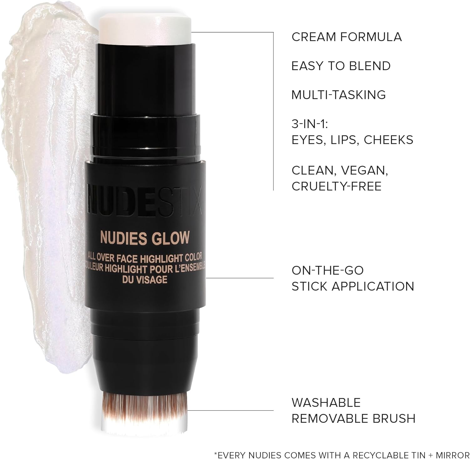Nudestix Nudies Glow Highlighter Stick W/Blending Brush, Dewy Cream Makeup For Cheeks, Eyes, Lips, Soft Metallic Glowy Face Color And Contour, 0.28 Oz (8G) (Illumi-Naughty)