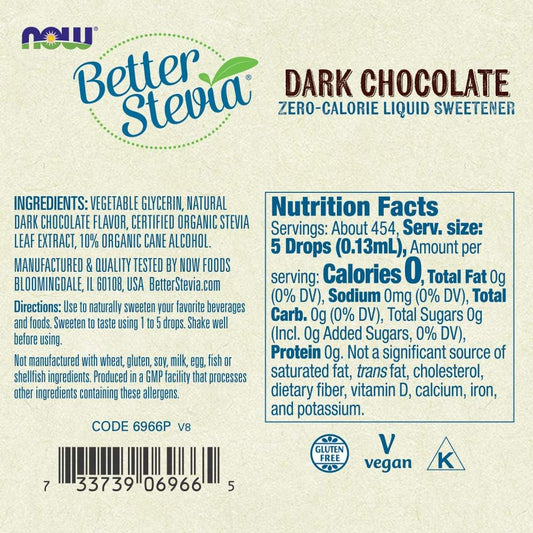 Now Foods, Better Stevia Liquid, Dark Chocolate, Zero-Calorie Liquid Sweetener, Low Glycemic Impact, Certified Non-Gmo, 2-Ounce