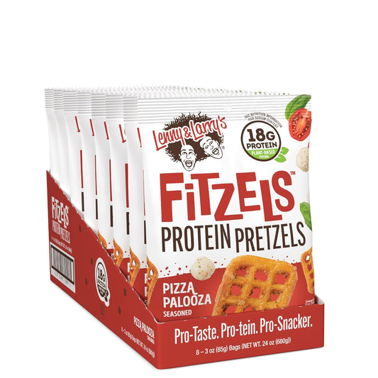 Lenny & Larry's Pizza Palooza FITZELS- Savory Pretzel Snacks Incredibly Tasty High Protein, Salty, Vegan, Kosher 18 g's of Plant Based Protein 8 (eight) Bags, 3 oz Each