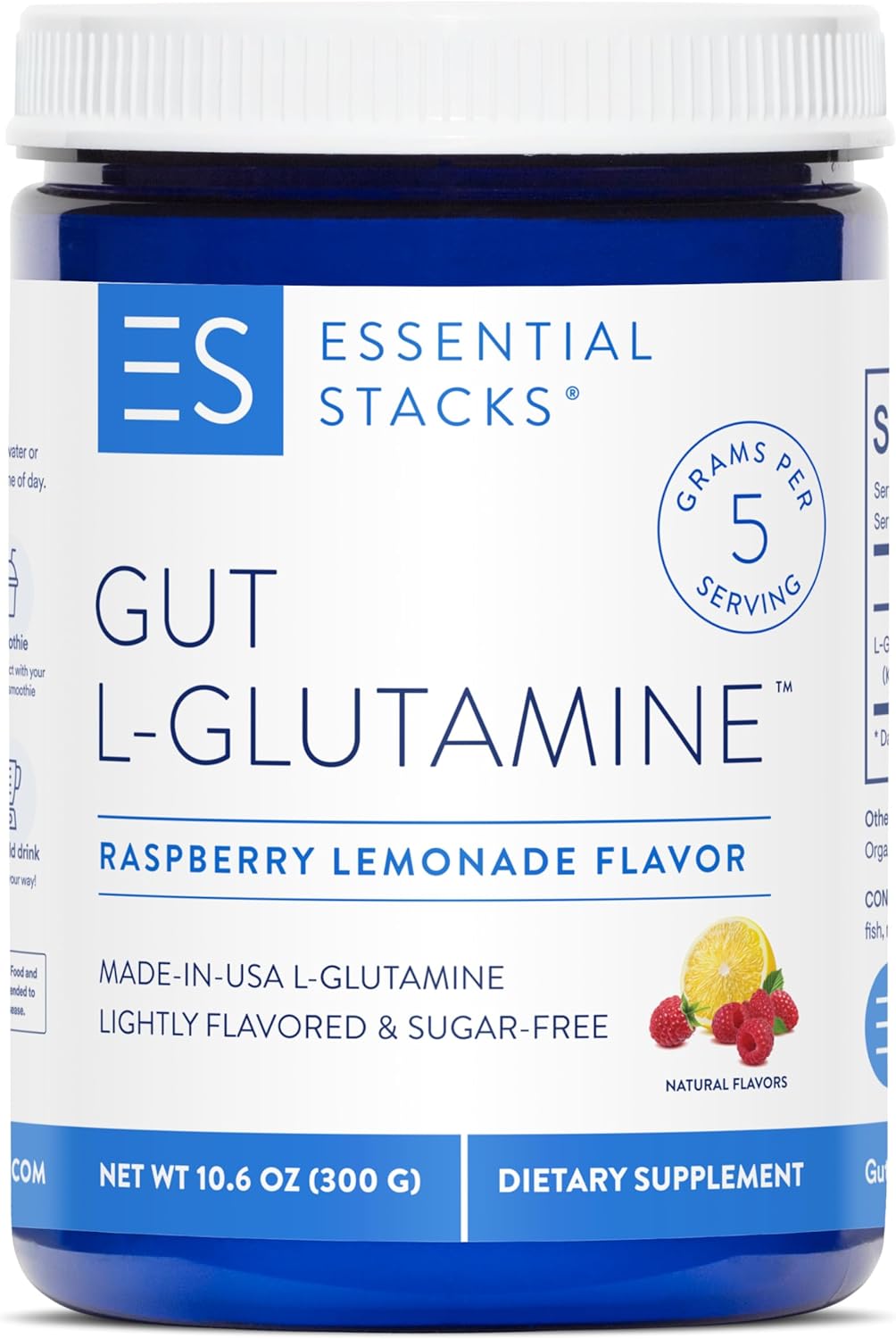 Essential Stacks Gut L-Glutamine Powder Flavored (Raspberry Lemonade) - Made in USA L Glutamine Supplement for Gut Health (50 Servings)