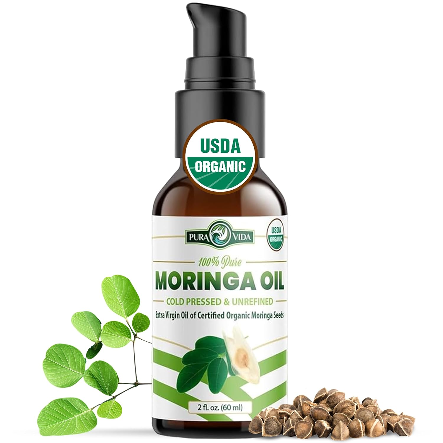 100% Pure Moringa Oil Organic for Face, Hair, Nails and Dry Skin - USDA Certified Single Origin Moringa Oleifera Seeds Extract - 3rd Party Tested, Cold Pressed & Unrefined Organic Moringa Seed Oil