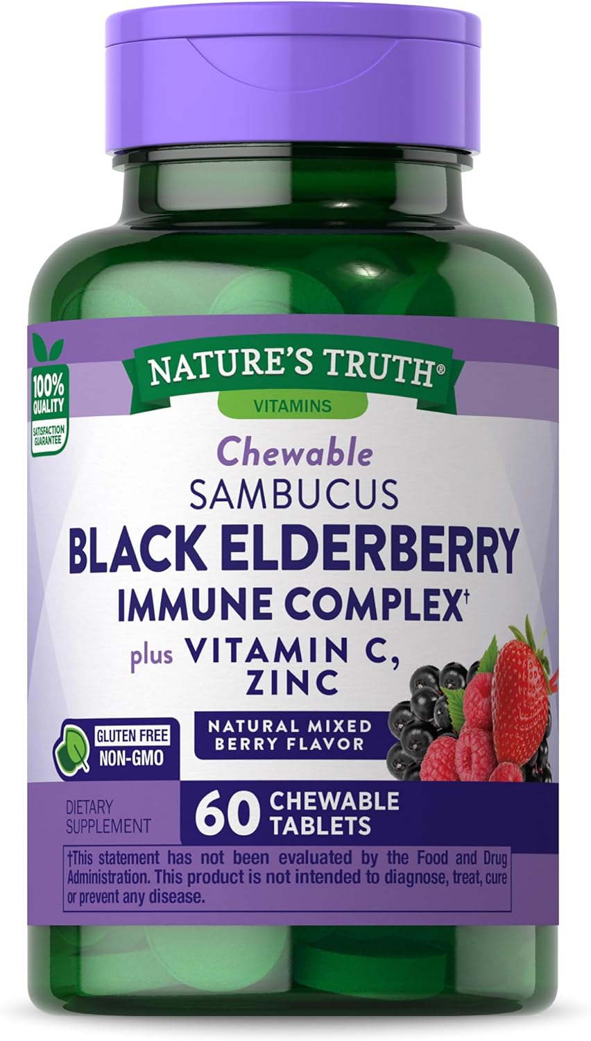 Black Elderberry Immune Complex | 60 Chewable Tablets | Plus Vitamin C & Zinc | Natural Mixed Berry Flavor | Vegetarian, Non-Gmo, And Gluten Free Formula | By Nature'S Truth