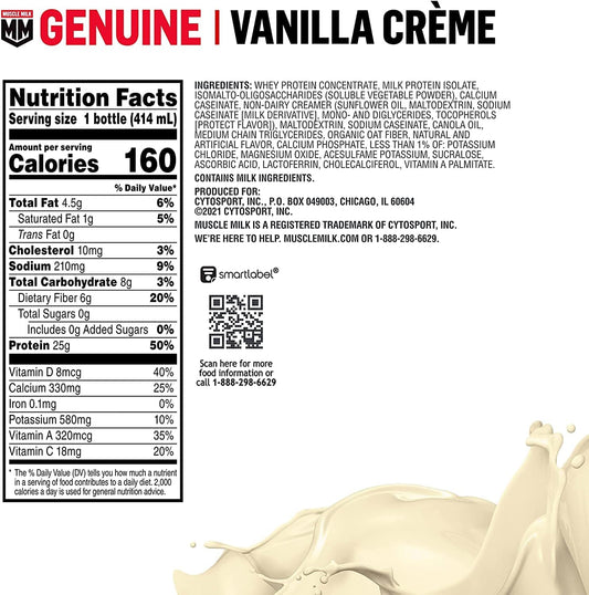 Muscle Milk Genuine Liquid Protein Shake, Vanilla Crème, 25G Protein, 14 Fl Oz Bottle, 12 Pack