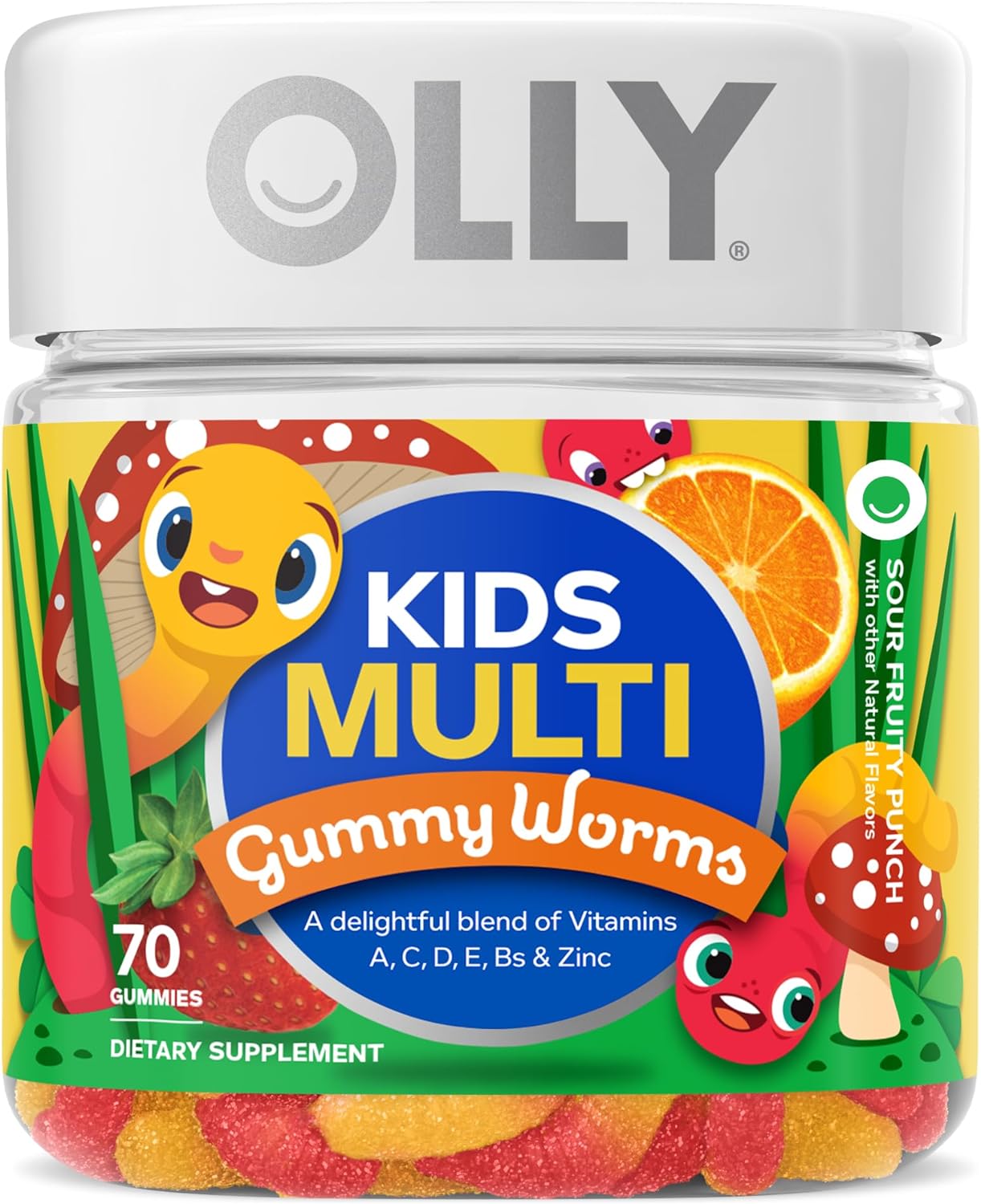 OLLY Kids Multivitamin Gummy Worms, Overall Health and Immune Support, Vitamins and Minerals A, C, D, E, Bs and Zinc, Chewable Supplement, Sour Fruit Punch, 45 Day Supply (70 Count)